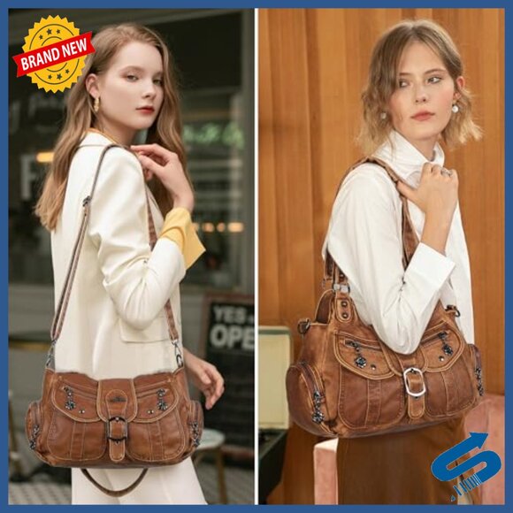 Vegan Leather Hobo Tote with Crossbody Strap, Roomy 7-Pocket Design - Picture 2 of 7